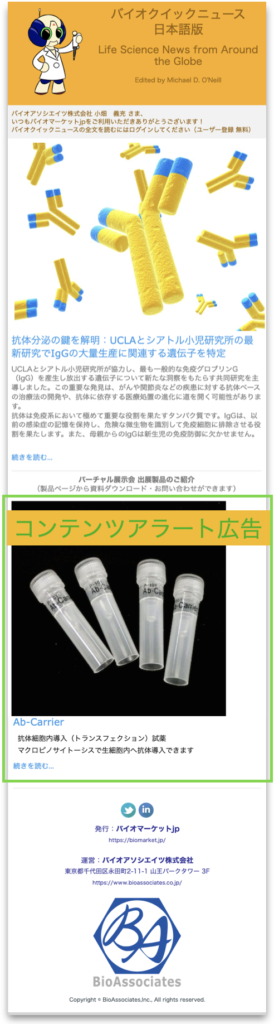 Example of a content alert email with an ad (Japanese)